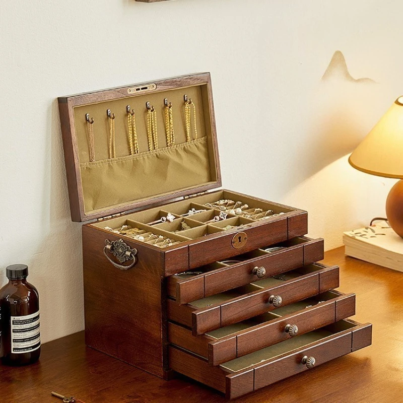 

Solid Wood Jewelry Box Retro Earrings Storage Boxes With Lock Necklaces Ring Bracelet Display Case Jewellery Organizer Supplies