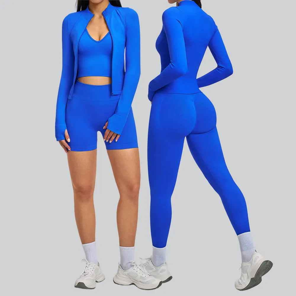 

Бесшовный спортивный костюм для йоги, женский комплект из 3 предметов: куртка с длинным рукавом, леггинсы с высокой талией, одежда для бега и тренировок, спортивный набор для зала