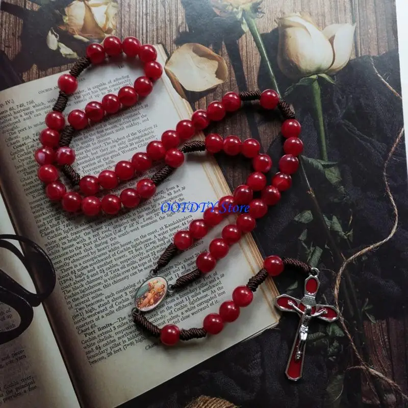 

367A 10mm Acrylic Bead Rosary Necklace Vintage Weave Catholic Religious for Cross Jes