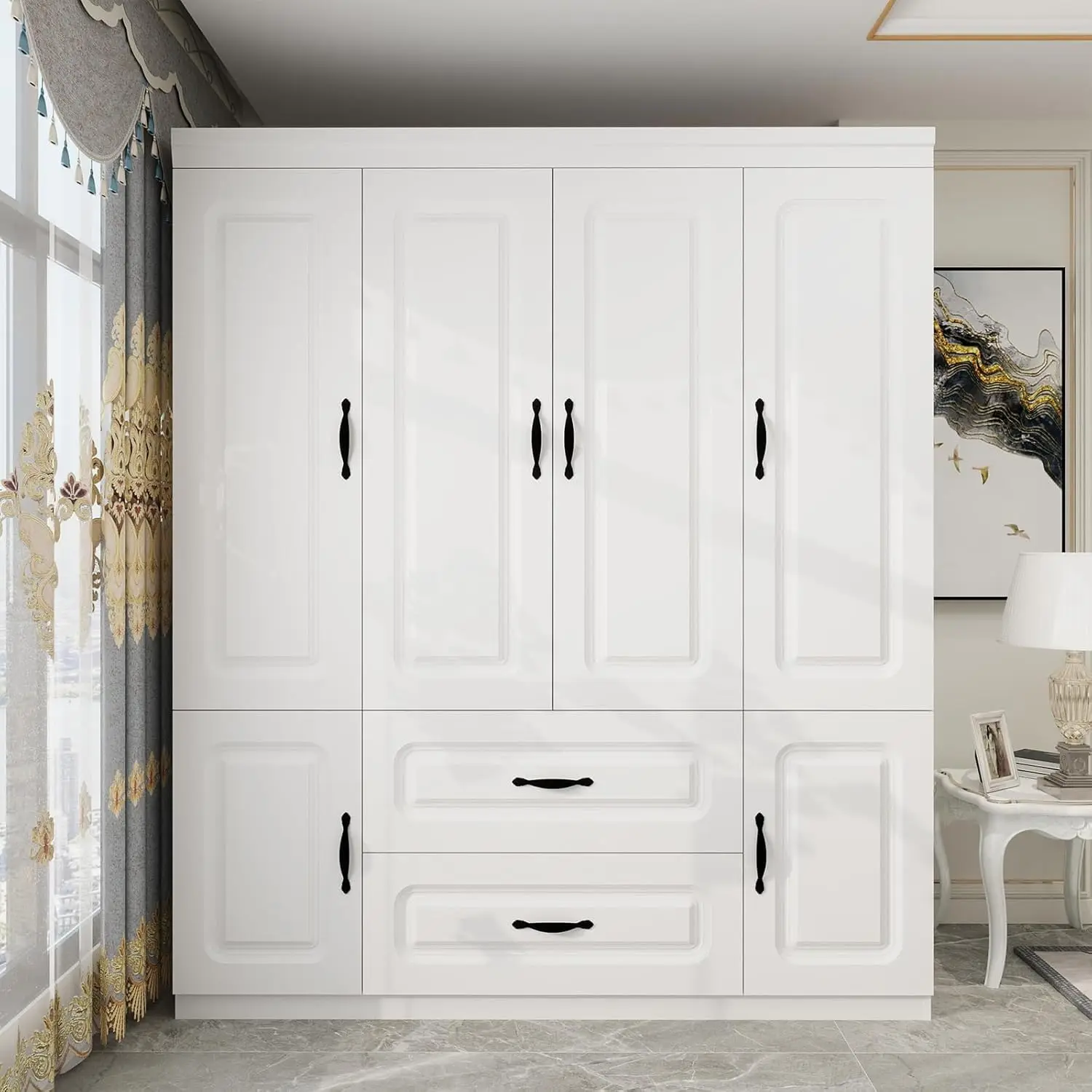 Armoire Wardrobe Closet: White Large Wood Wardrobe Cabinet with 4 Doors, 2 Drawers, Shelves, and 2 Hanging Rails