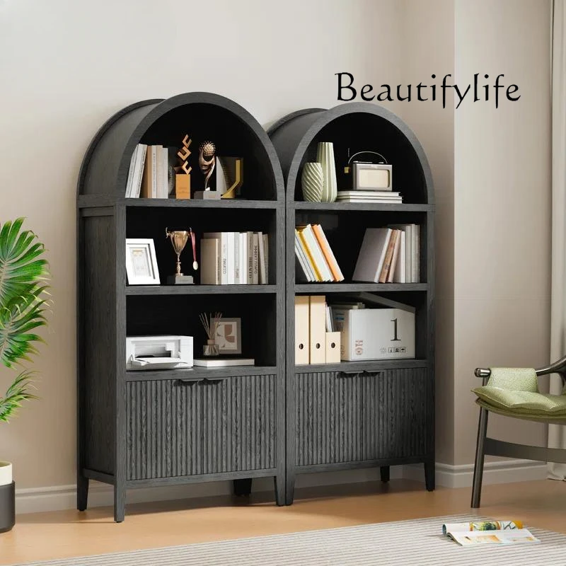 Medieval solid wood living room shelf American retro arched cabinet black French study display bookshelf