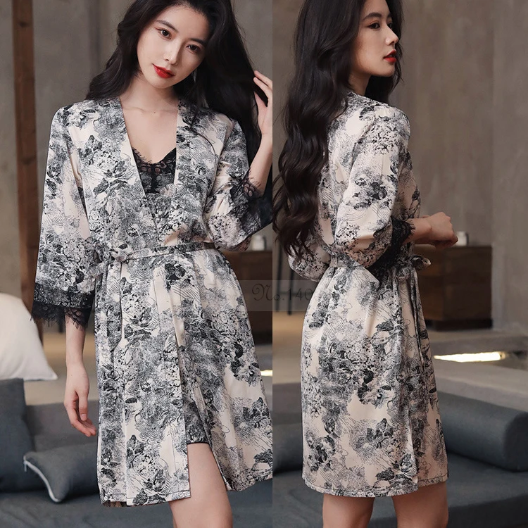 Spring Summer Pajamas Five Piece Set Sleepwear Print Lace Trim Female Bathrobe Gown Pijamas Suit Loose Rayon Homewear Loungewear