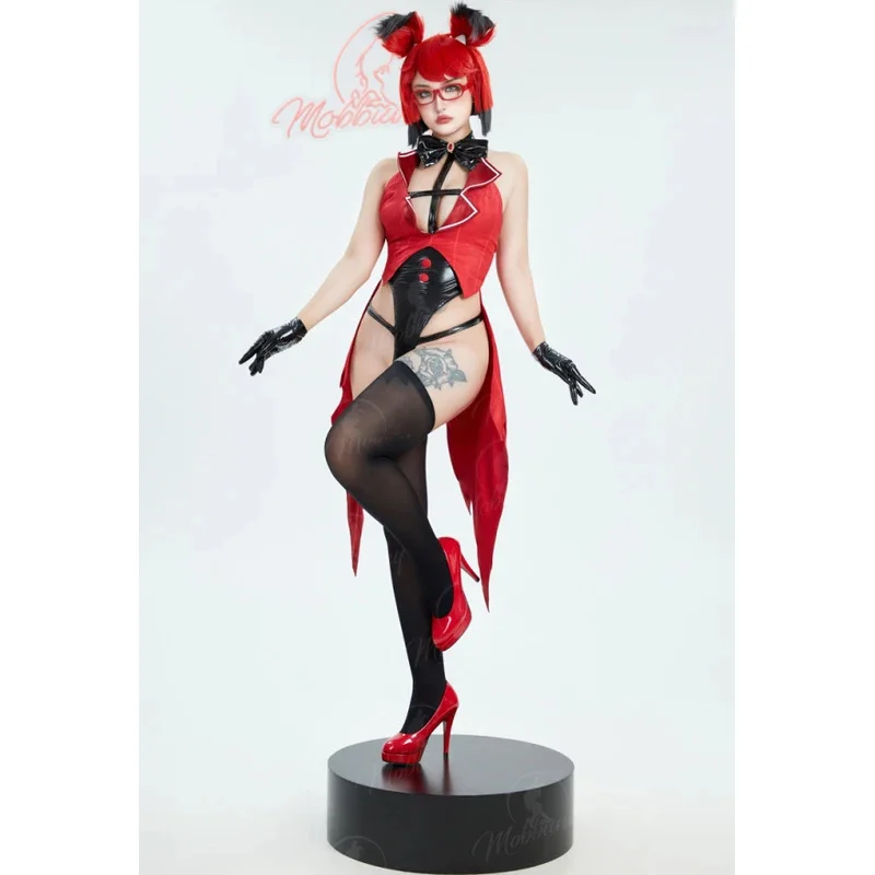 

XT8MOBBUNNY Radio Demon Derivative Sexy Lingerie Set Black Red Hollow Bodysuit and Gloves with Thigh-High Stockings CosplayXT6@!