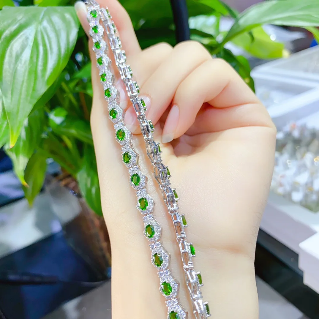S925 Sterling Silver Natural Diopside Necklace,3*4mm Green Gemstone Fine Jewelry Gift for Women