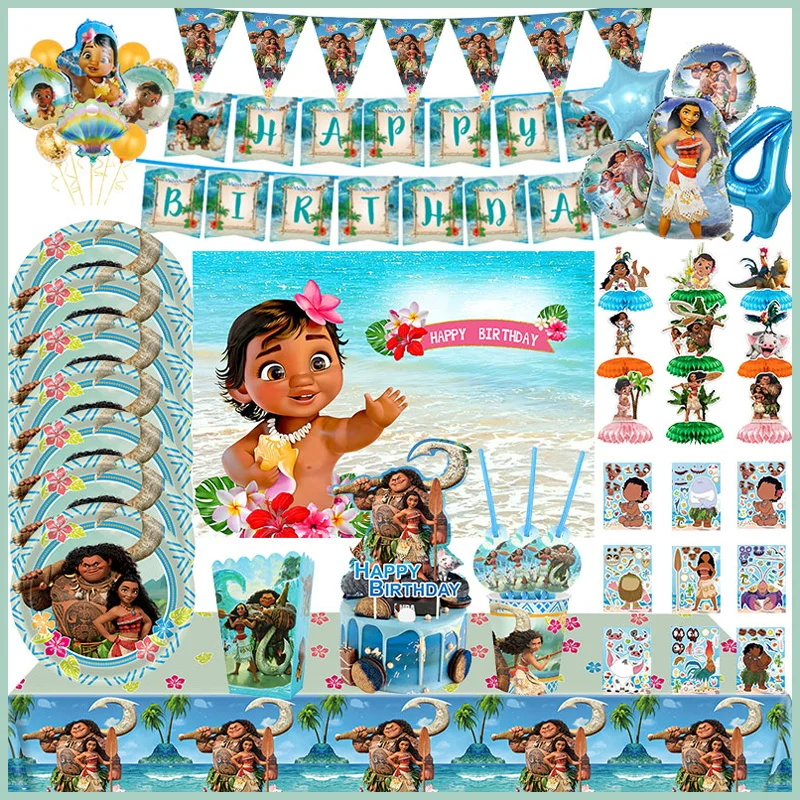 Disney Moana Theme Birthday Balloons Moana Happy Birthday Party Girl Paper Tableware Decorations Kits Supplies Deco Set For Kids