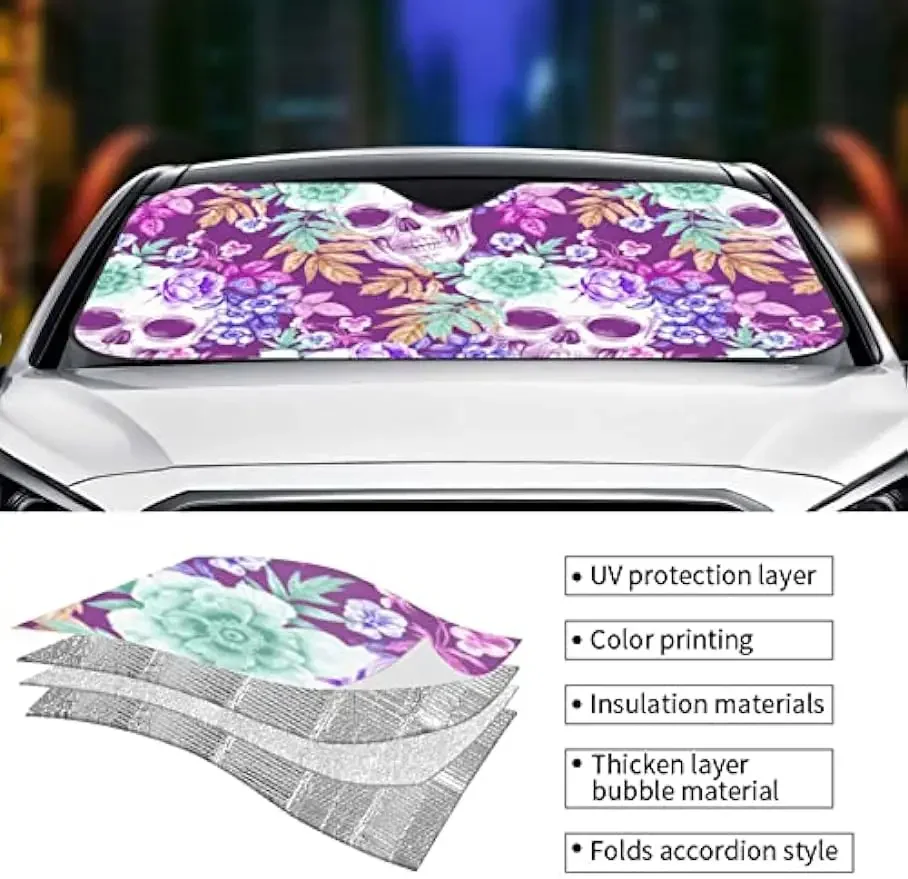 Vintage calaveras flores púrpura parabrisas de coche parasol Protector de visera ventana delantera parasol cubierta para la mayoría de los coches SUV camiones