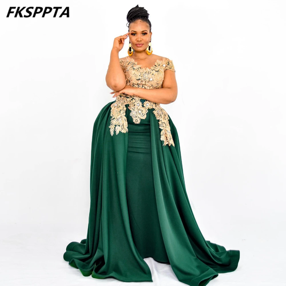 

Long Green Mermaid 2024 Evening Dress Detachable Train Gold Appliques Off The Shoulder Black Women Wedding Party Prom Gowns