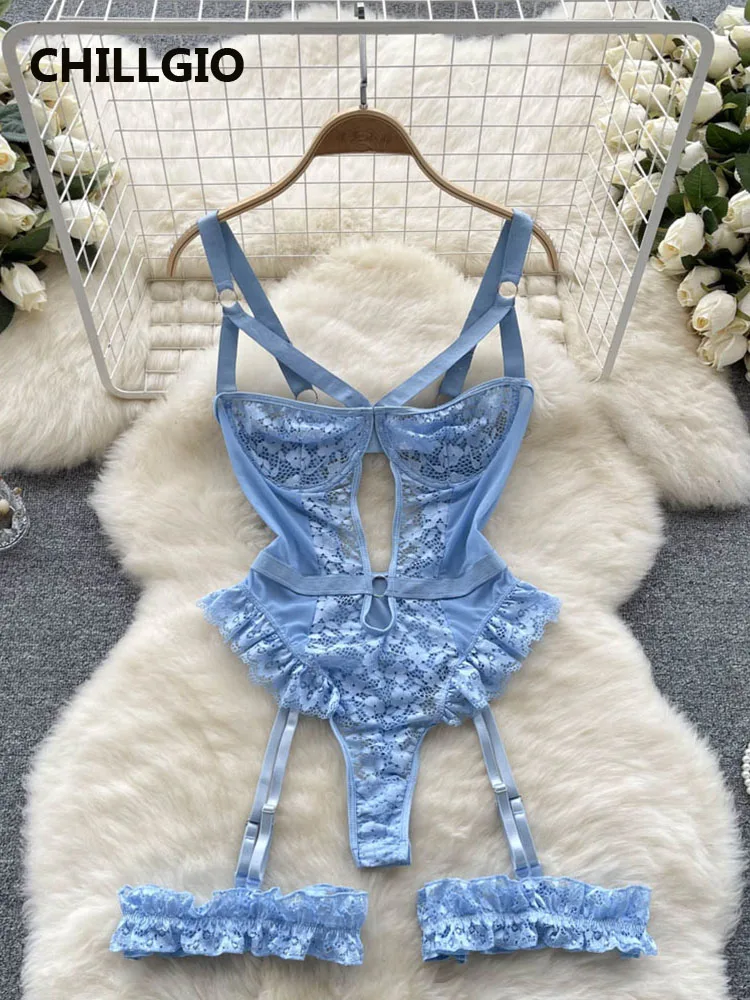 Chillgio Vrouwen Sexy Bloemen Kant Strappy Bodysuit Mode Eendelig Rompertjes Lingerie Erotische Strakke Borduurcombinatie Catsuit