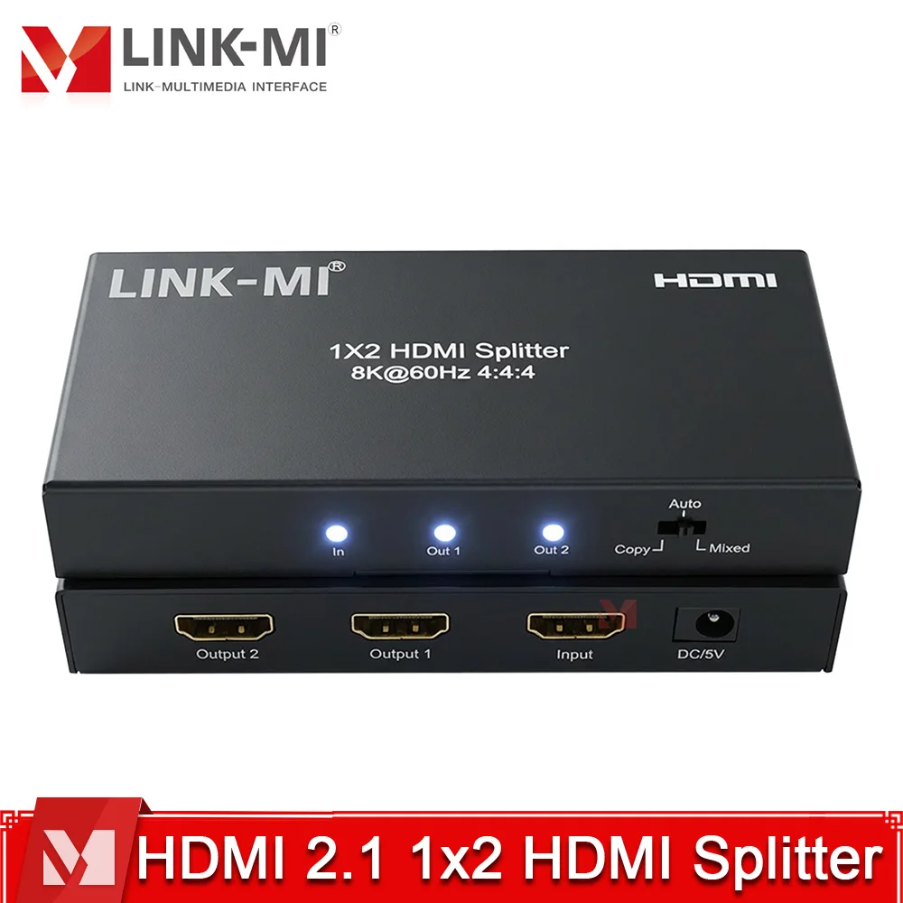 

8K@60Hz 1x2 HDMI 2.1 Splitter 48Gbps 2 in 1 out Splitter HDR10+/Dolby Vision HDCP2.2 EDID Atmos 4K to1080P Downscaler