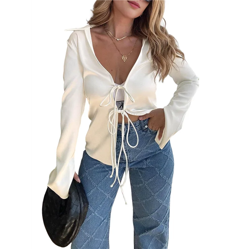 

AG-Womens Sexy- Tie Front Satin Shirts Deep V Neck Silk Club Tops Long Sleeve Y2k Going Out Blouse