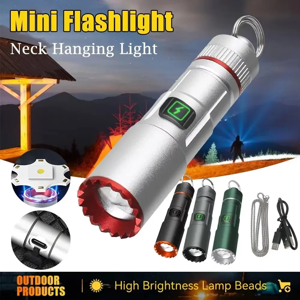 Multifunctional Mini Flashlight USB Rechargeable Aluminum Alloy Waterproof Telescopic Zoom Torch Outdoor Emergency Light 5 Modes