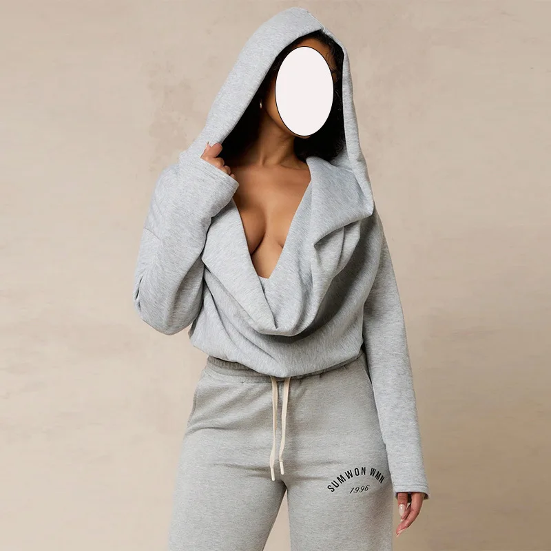 الأزياء الأوروبية الأمريكية مثير فضفاض عارضة الملابس النسائية بلون منخفضة الرقبة يتأرجح طوق بأكمام طويلة قصيرة مقنعين #4