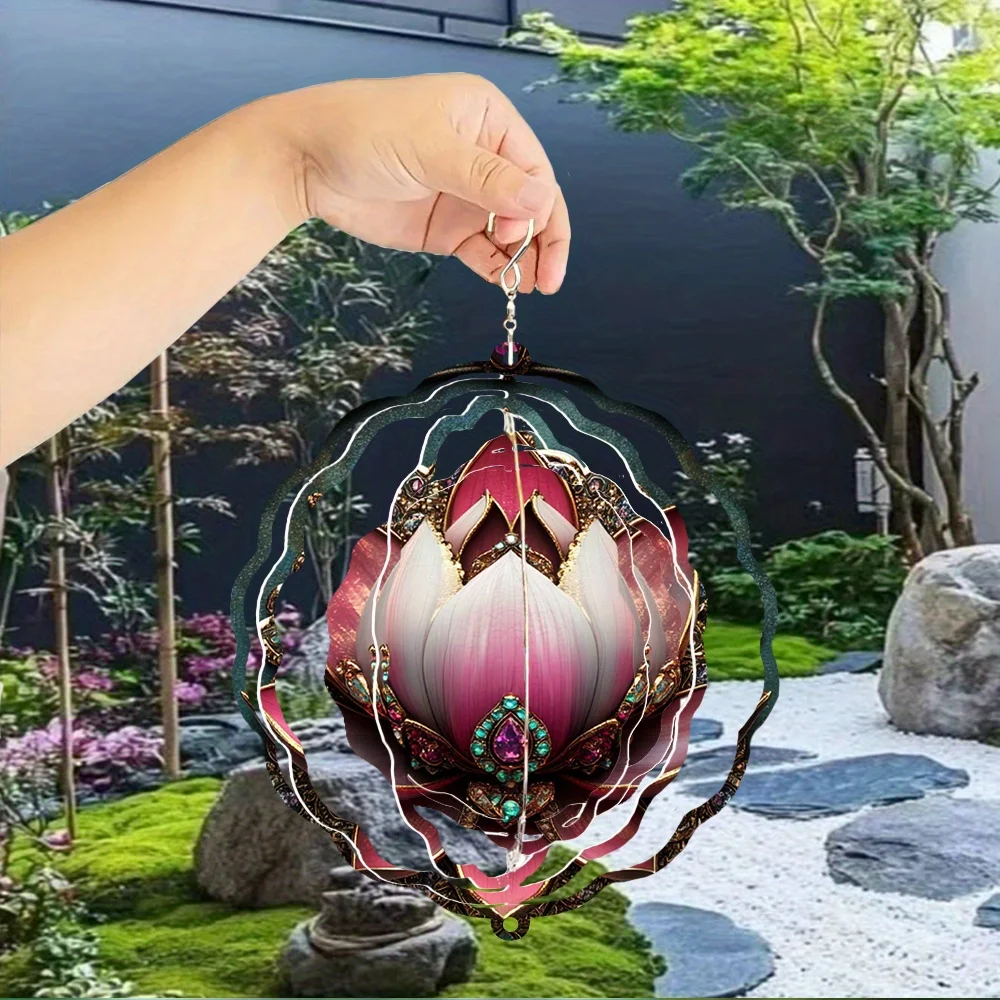 A Vintage Lotus Pattern Metal 3D Rotating Wind Chime Featuring a 360° Infinite Rotation Hook, Suitable for Outdoor Garden Decor