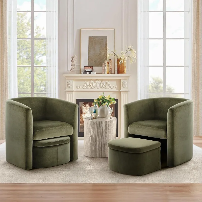 Upholstered Velvet Barrel Accent Chair with Storage Ottoman Set of 2 Morden Living Room Side Chair Single Sofa Armchair Green