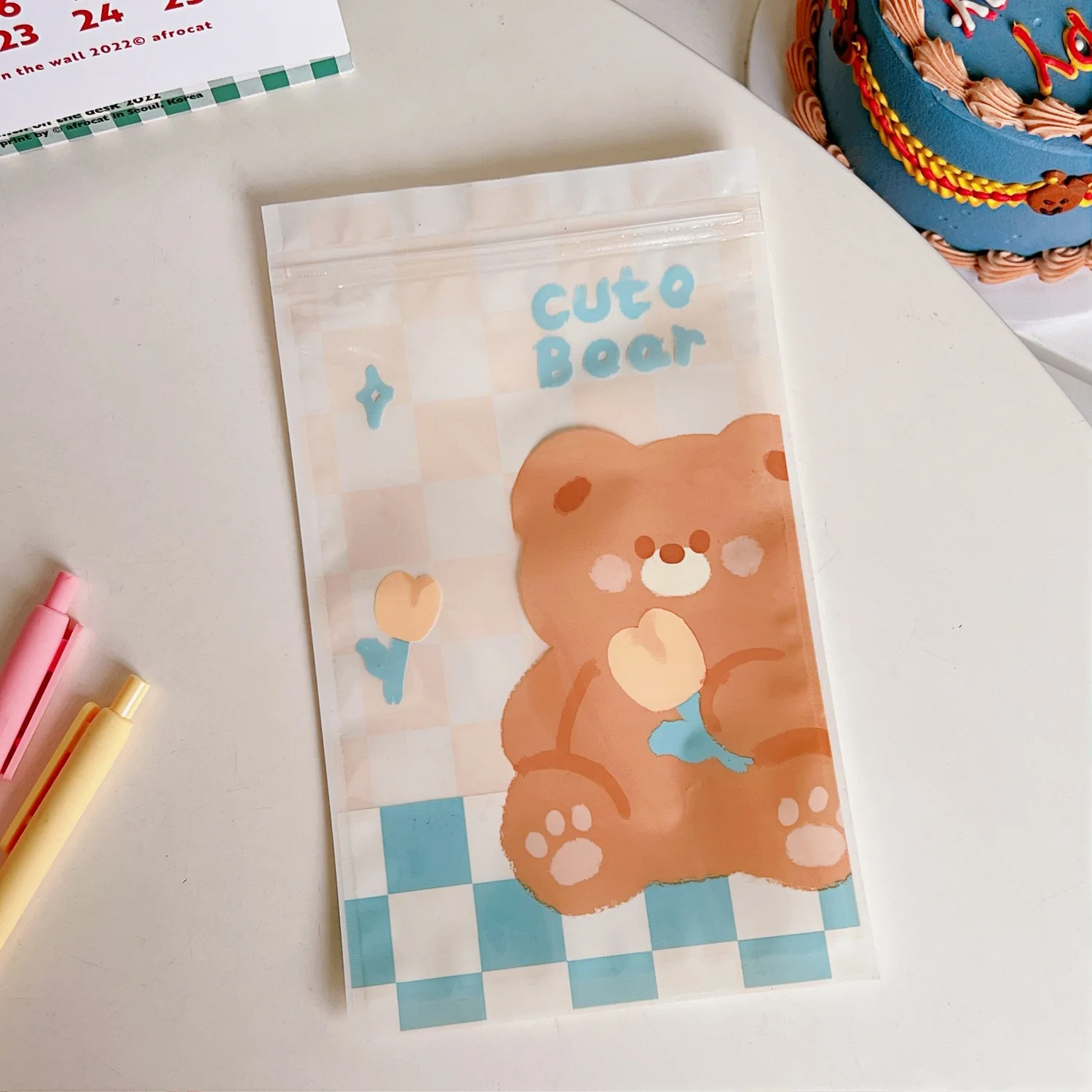 Cartoon Cute Self sealing Bag Food Accessories Stationery Mask Storage Packaging Bag Checkerboard Tulip Sealing Pocket