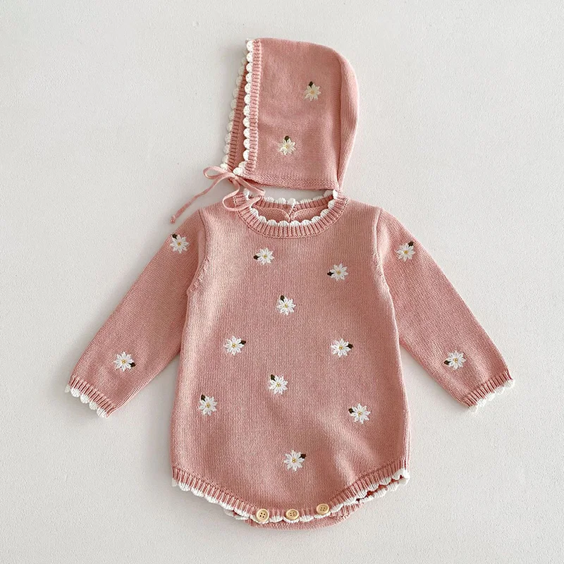 2024 Spring New Infant Baby Girl Bodysuits Newborn Baby Girl Jumpsuit Long Sleeved Knitted Embroidery Baby Girl Clothing