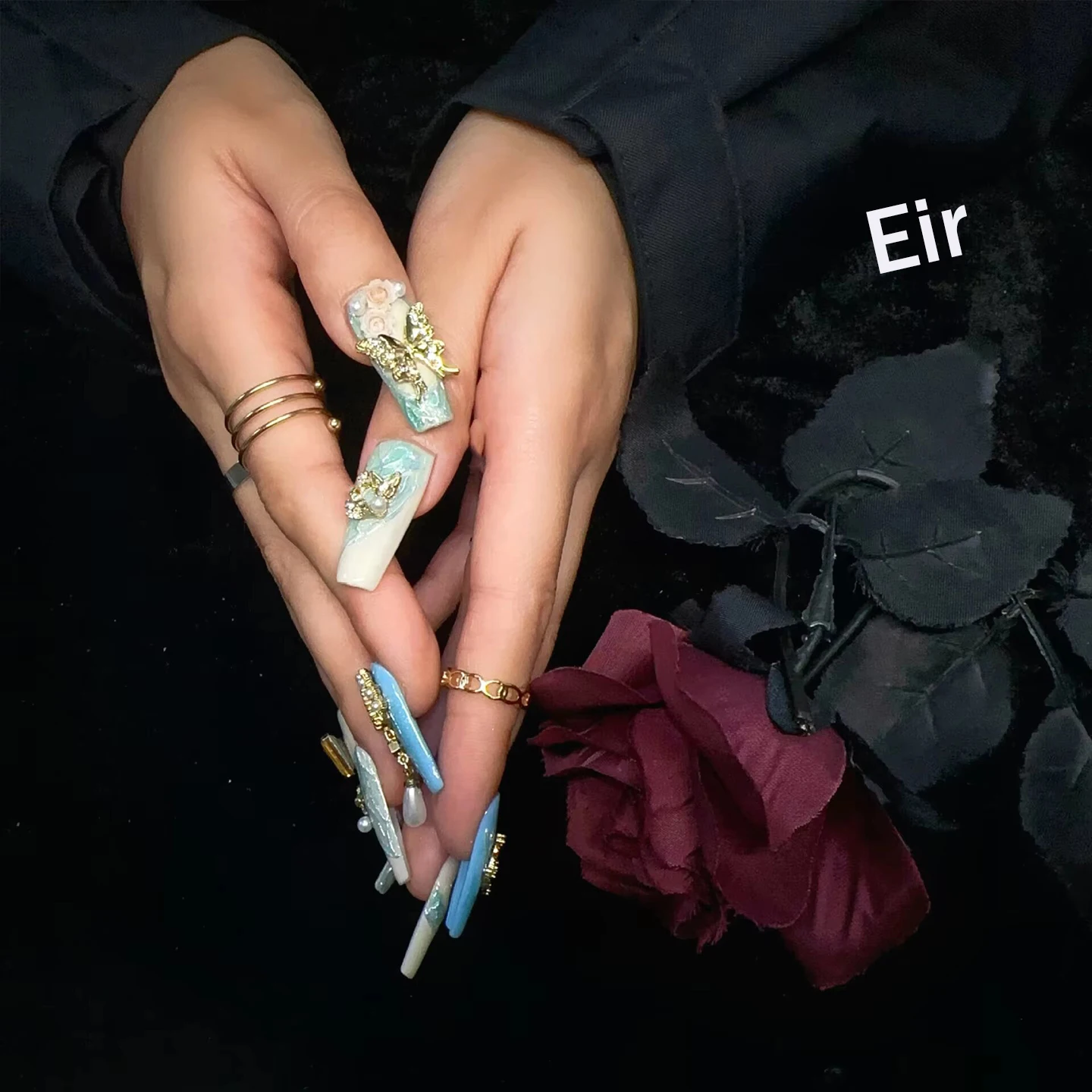 Handmade Luxury Palace Press On Nails Long Trapezoid Blue White 3D Clay Flower Butterfly Rhinestone Reusable False Nails For Wed