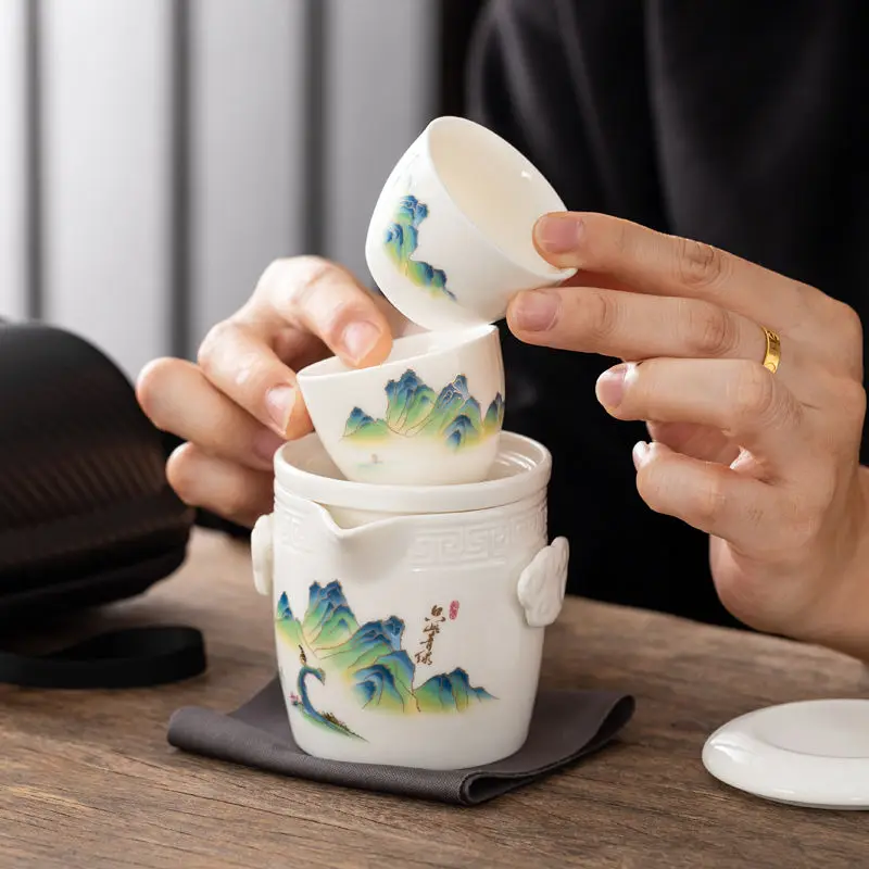 White Porcelain Travel Tea Set, Simple One Bowl, Two Cups, One Pack of Outdoor Cover Bowls, Portable Teaware Sets