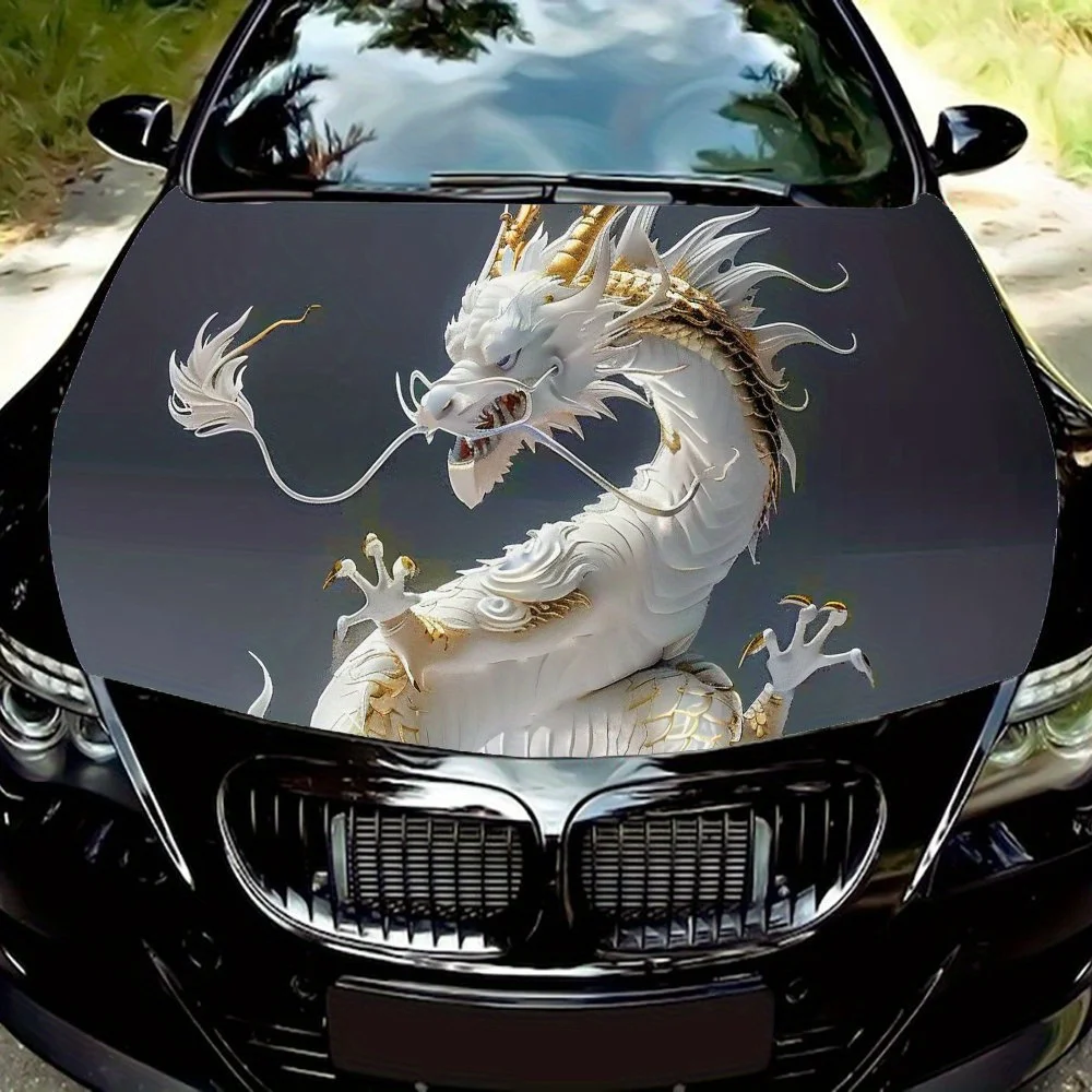 

A White Dragon Hovering in The Air Car Hood Sticker, Durable Car Paint Set for Most Vehicles, Self Adhesive Waterproof PVC Mater