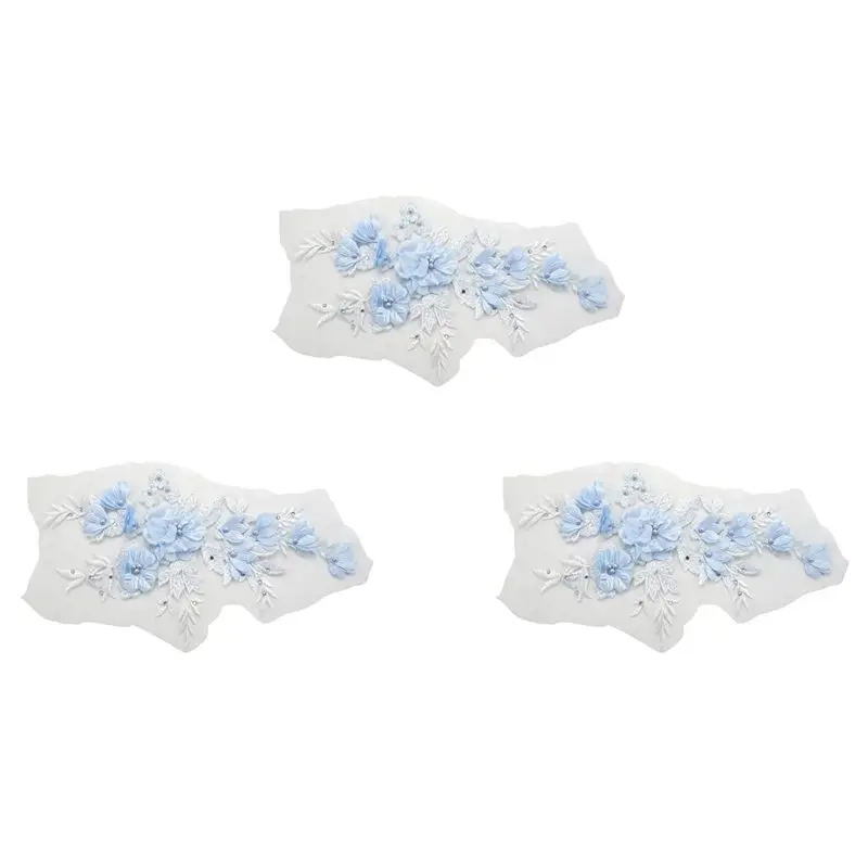 

TEXU 3X Beaded Hot Drilling Lace Bridal Beaded Flowers Embroidery Patches For Clothing Wedding DIY Decor Sky Blue