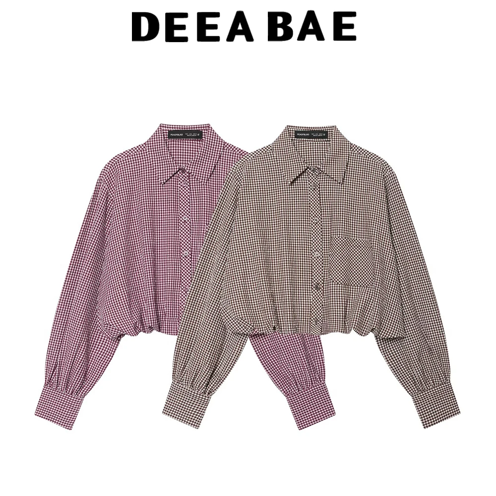 

DEEABAE European and American style 2026 summer new women's long sleeved lapel casual small plaid bubble shirt