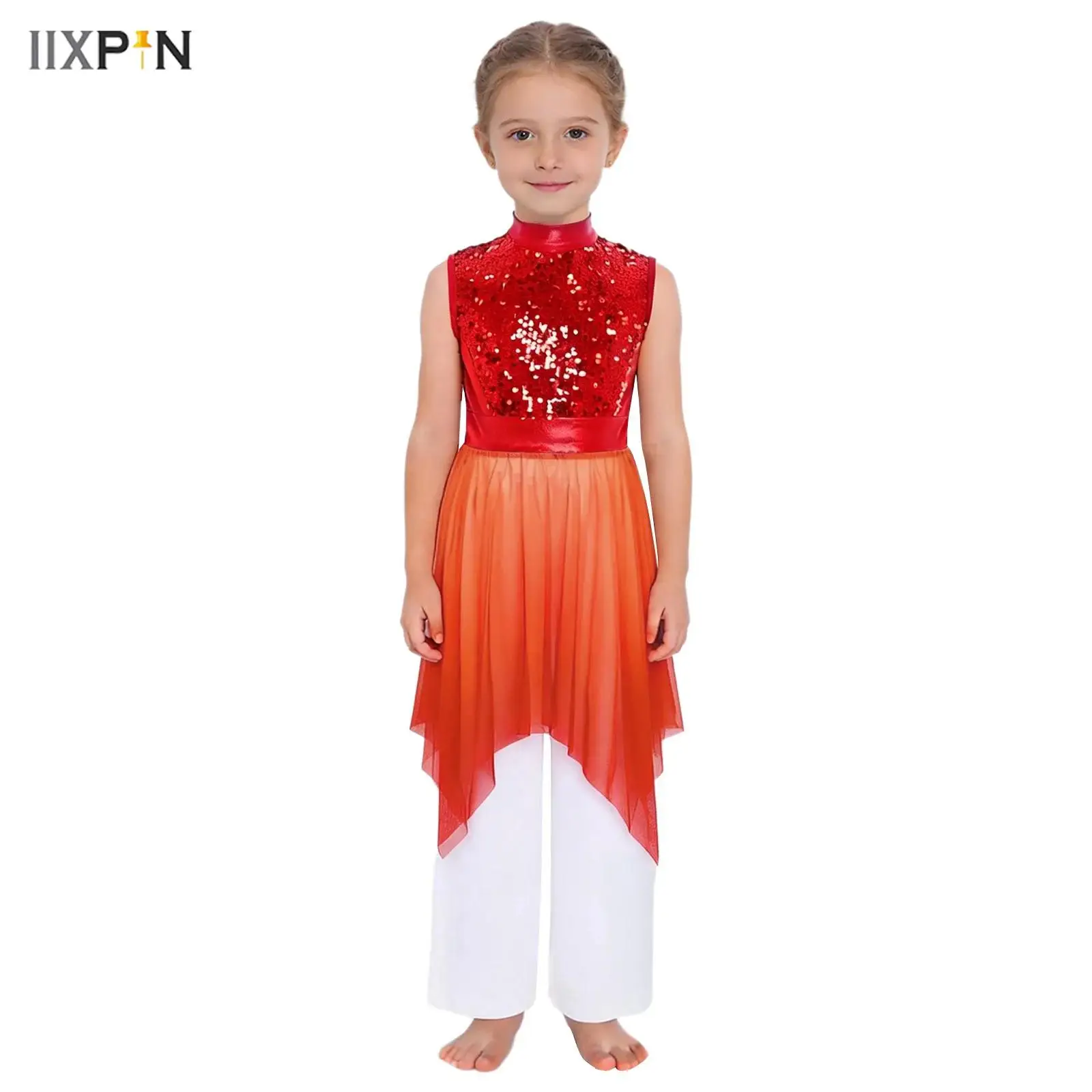 

Kids Girls Liturgical Worship Praise Dance Dress Outfit Sleeveless Asymmetrical Hem Shiny Sequins Bodice Tunic Robe with Pants