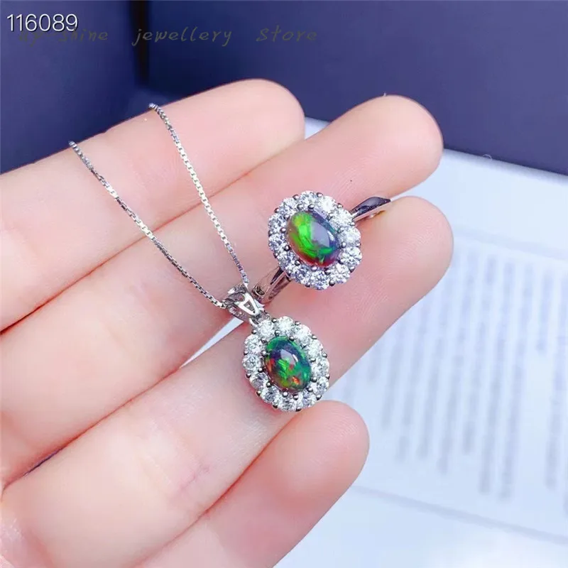 

New 925 Silver Inlaid Black Opal Ring & Pendant Set, Seiko Crafted, Light Luxury Jewelry, Customizable