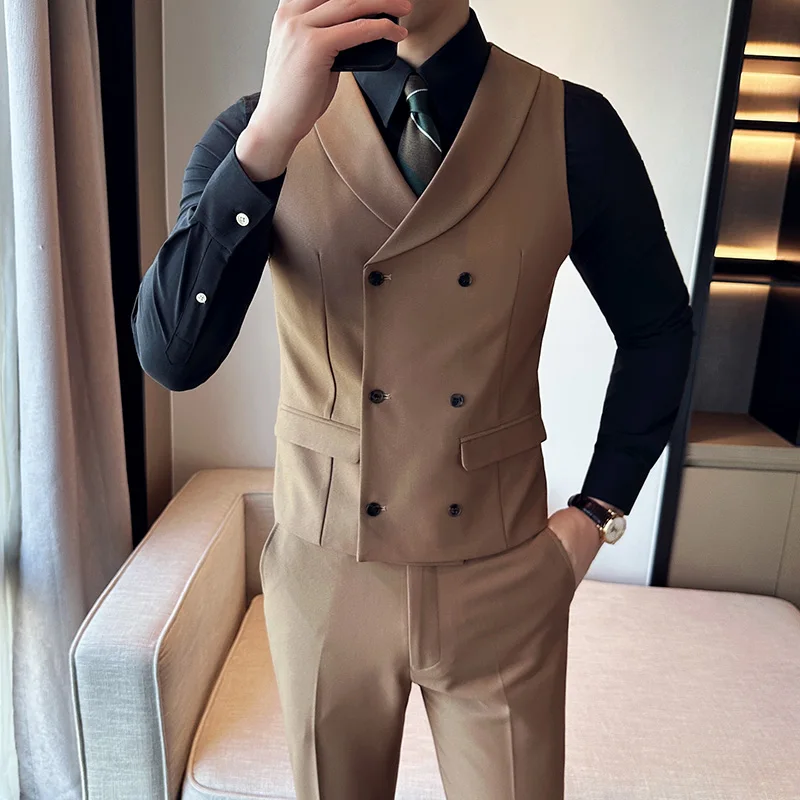 Autumn Double Breasted Suit Vest Men\'s High Quality Slim Casual Business Formal Sleeveless Vest Wedding Groom Banquet Waistcoat