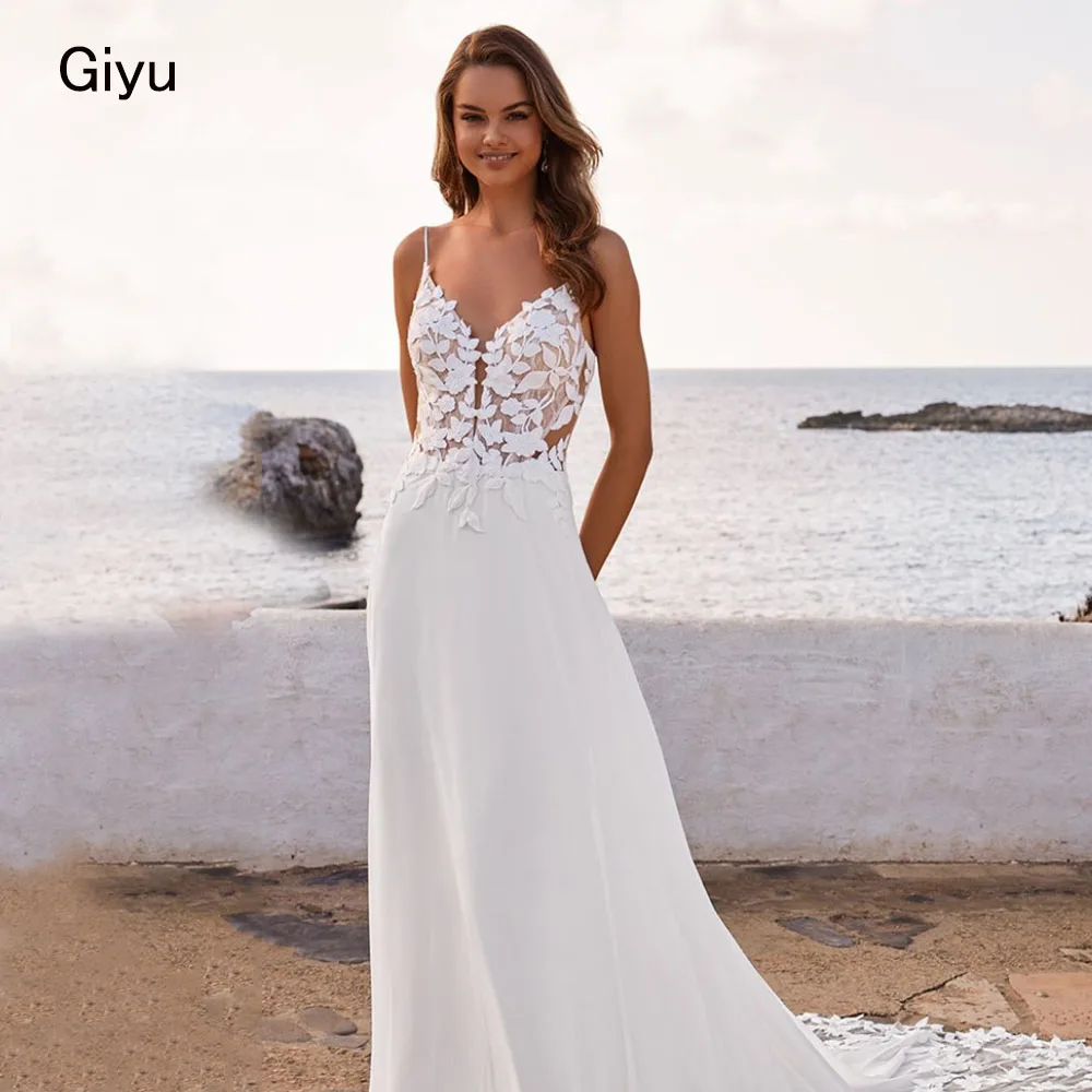 

Giyu Fairy Lace Followers Wedding Dress For Woman V-Neck Spaghetti Strap Floor-length Vestidos Novias Boda Bridal Gown