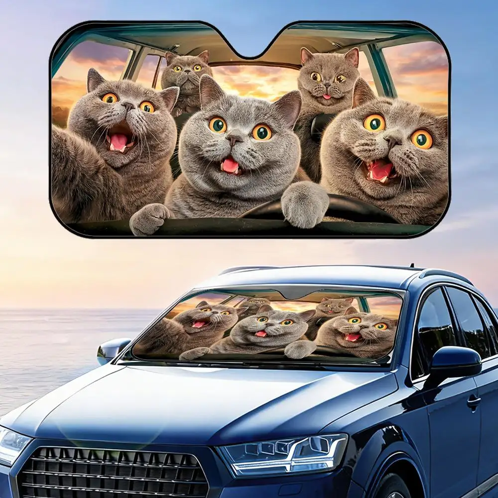 British Shorthair Cat Driving Sun Visor Foldable Universal Car Windshield Sun Shade UV Protection Heat Insulation Foldable Cover
