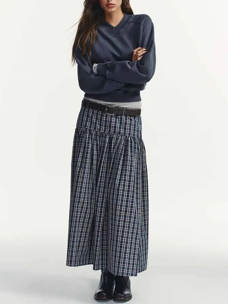 Nuovi arrivi invernali in stile europeo e americano, gonna midi scozzese a vita media da donna casual alla moda e alla moda con cintura