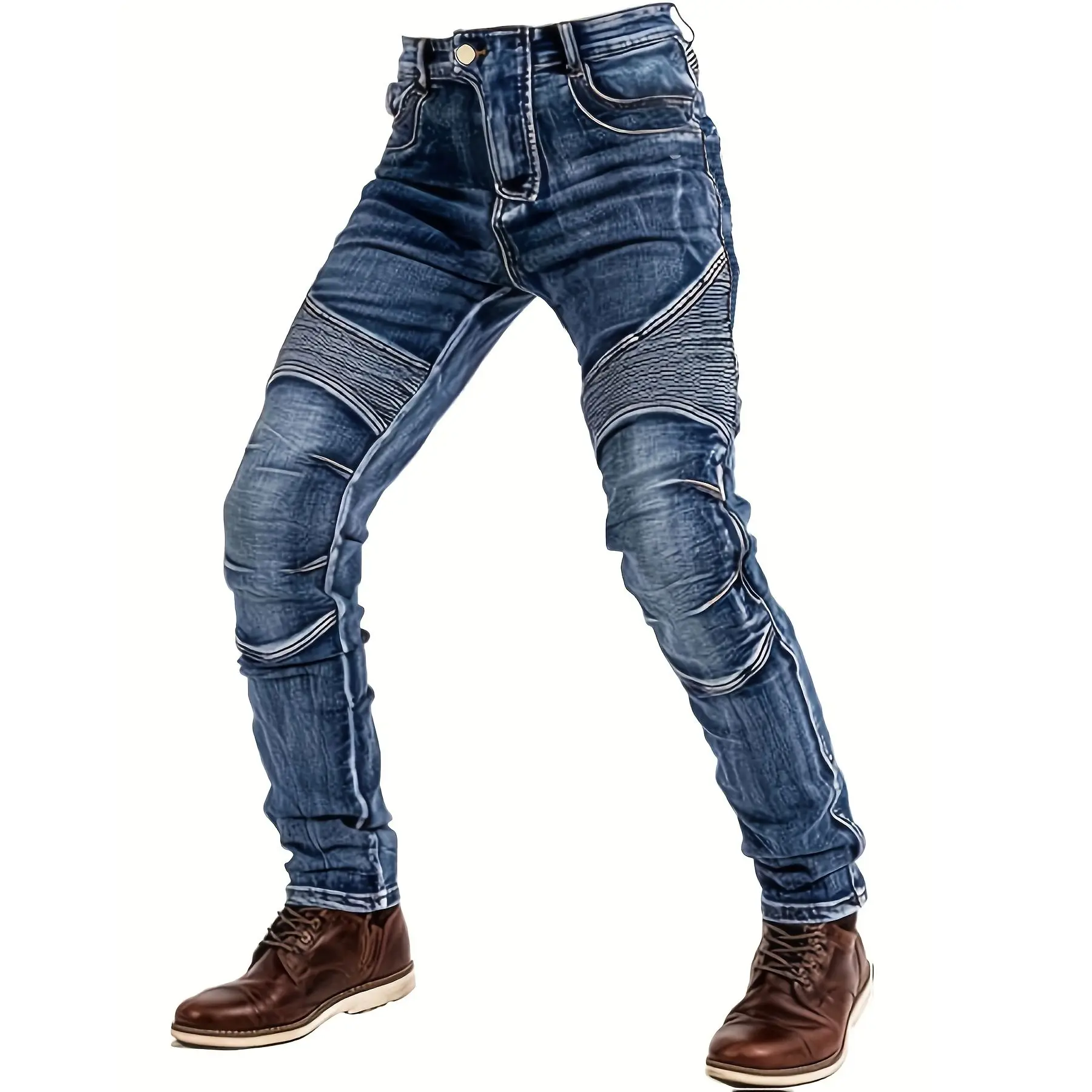 

Men's slim fit fashionable washed denim jeans with stacked design heavyweight motorcycle jeans slightly stretchy horse blue jean