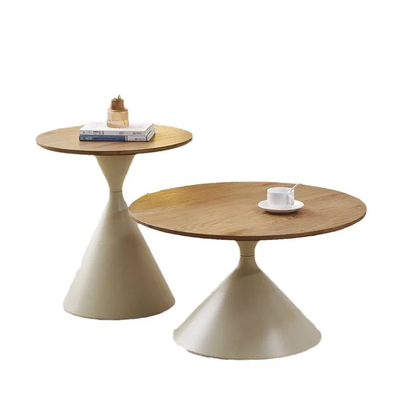

Modern light luxury round coffee table living room household small household simple cream wind solid wood coffee table