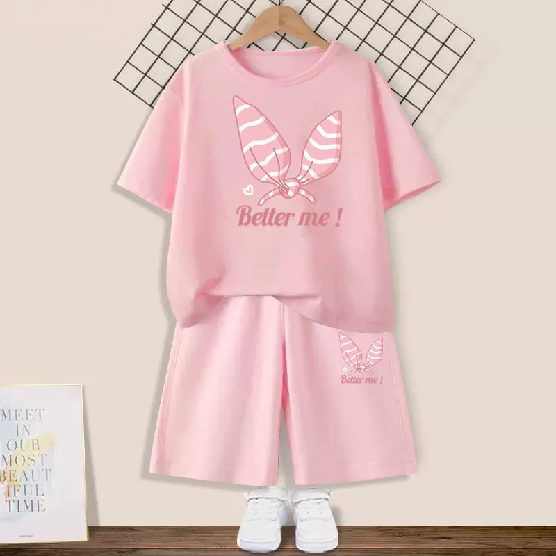 Girls Summer Cartoon Outfits Rabbit Ear T-shirt + shorts 2pcs Suits Kids Kawaii Short Sleeve Clothing Set 3-14years