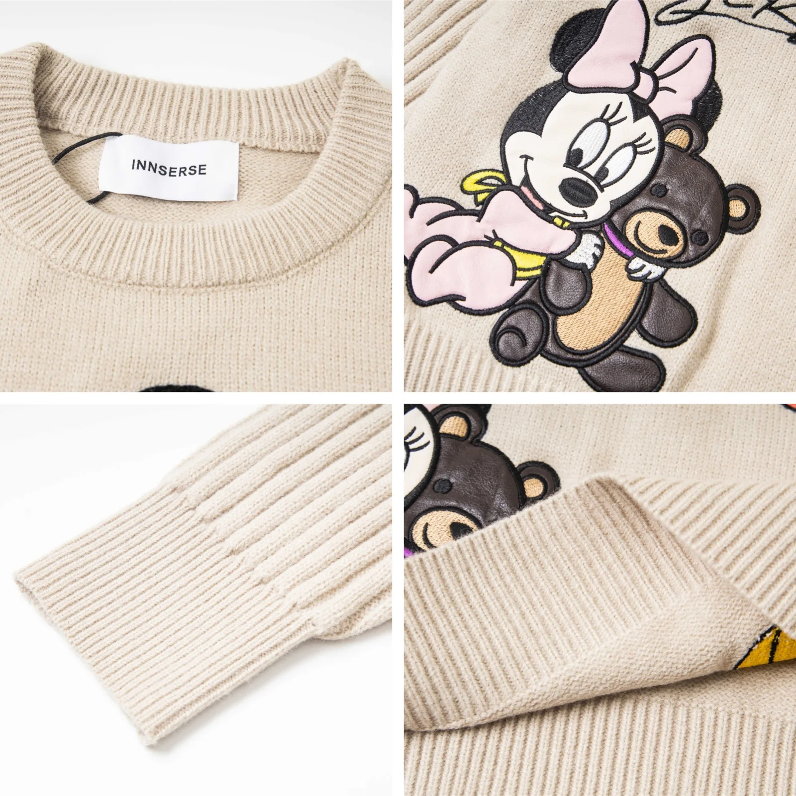 Autumn Winter Top American Retro Color Block Cute Cartoon Embroidery Pullover Crew Neck Sweater Unisex Versatile Loose Knitwear