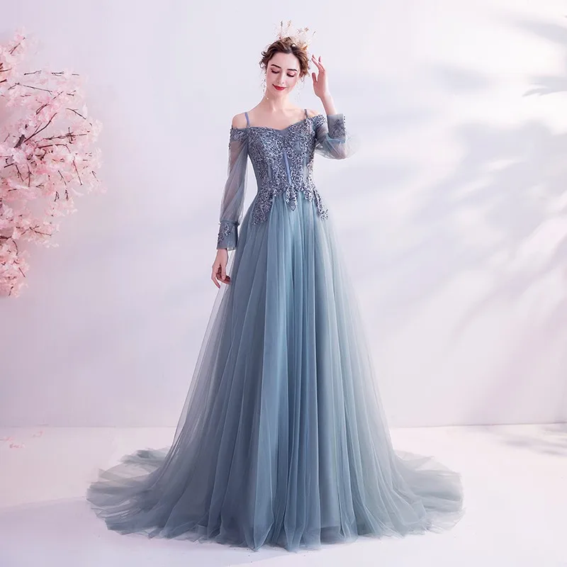 AnXin SH princess grey blue flower lace party vintage spaghetti strap long sleeve beading crystal customized evening dress 7181Q