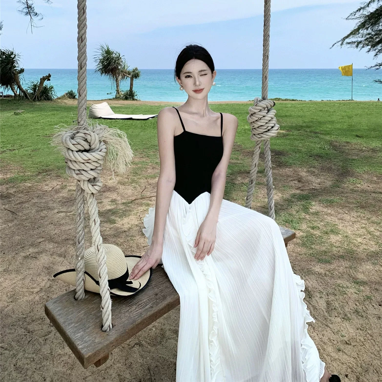 

Women French Romantic Vintage Hit Color Long Dress Lady Straless Sling Slim Waist Ruffles Chiffon Patchwork Beach Holiday Dress
