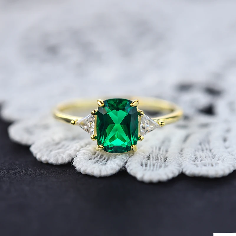 Fashionable Luxury Authentic S925 Sterling Silver 14K Gold Light Green Geometric Jewelry Ring for Women