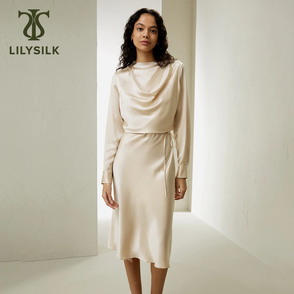 

LILYSILK Silk Dress for Women 2024 Spring New Luxury 22 Momme Mock Neck Tied Invisible Zipper Business Clothing Free Shipping