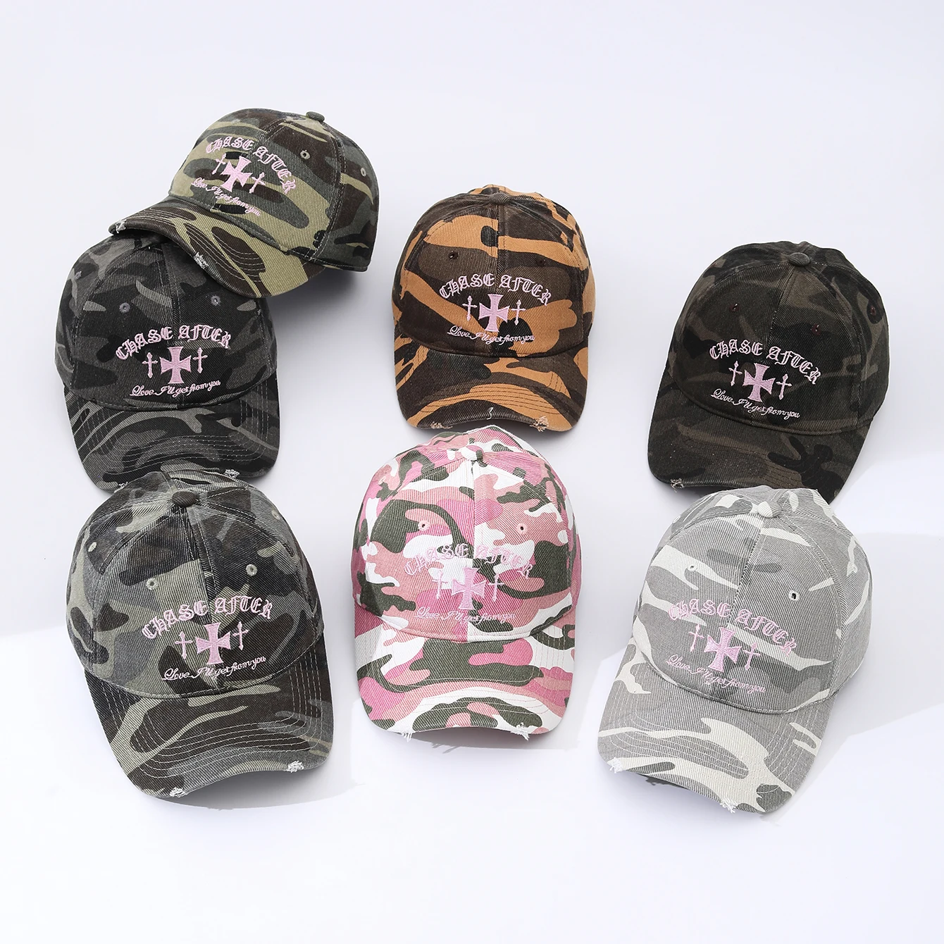 Europäische und amerikanische Mode-Camouflage-Baseballkappe mit gesticktem Schriftzug, weichem Oberteil und Sonnenschutzkrempe