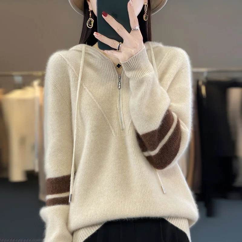 Autumn and Winter New Sweater Ladies Hooded Color Matching Korean Style Sweaters Pullover Zipper Hoodie Outer Wear