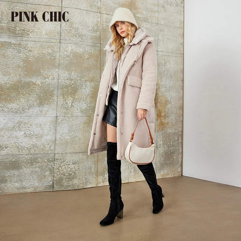 PINK CHIC 2023 New Winter Coat Women Down Jackets Quilted Faux Fur Hooded Long version Parka Female Coat W8263