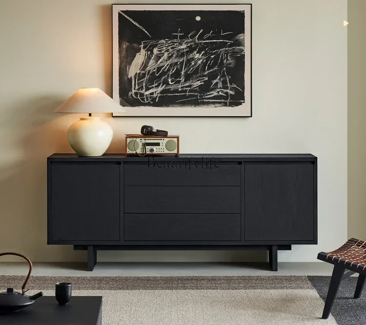 

Solid wood retro black simple wabi wind living room locker bedroom bedside cabinetL