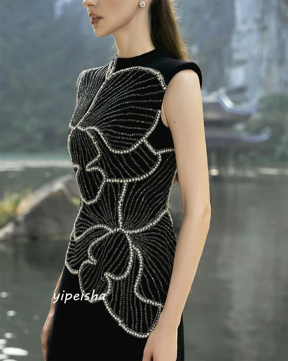 저지 비즈 드레이프 웨딩 파티 a 라인 하이 칼라 맞춤형 행사 가운 미디 드레스 사우디 아라비아 댄스 파티 드레스 맞춤형