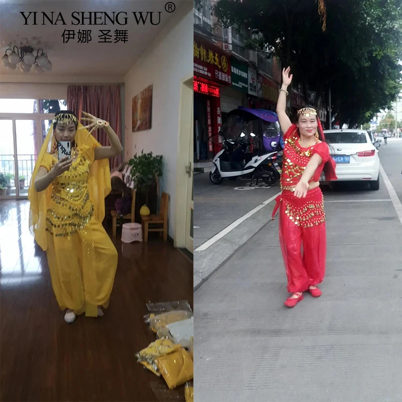 مجموعة ملابس الأميرة العربية للبالغين ملابس الرقص الشرقي اللامعة للنساء مُزينة بالترتر + السراويل طقم أزياء للسيدات والرقص الهندي الشرقي