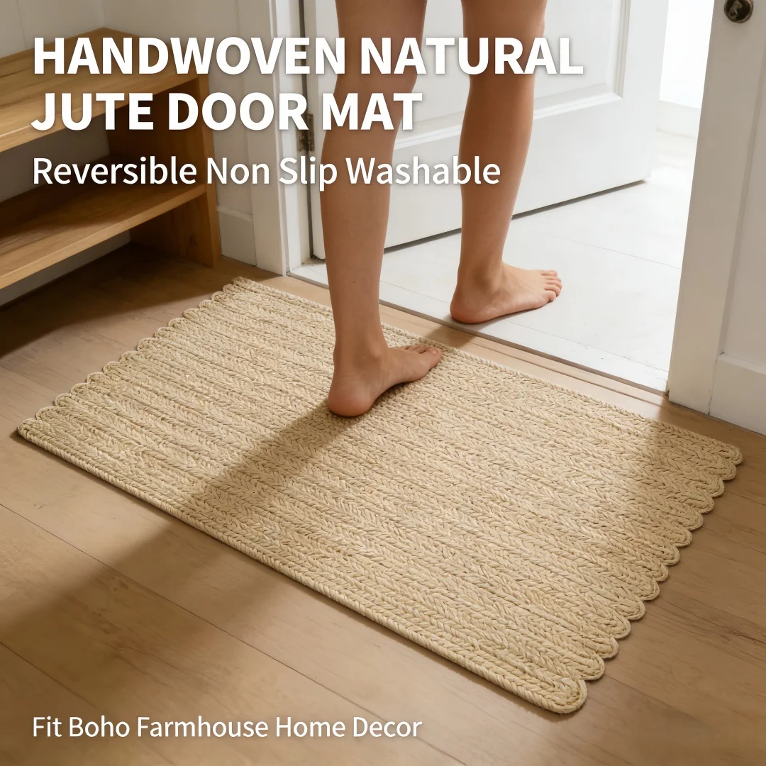 Tapis de porte en jute naturel tissé à la main, réversible, antidérapant, lavable, tapis de sol intérieur, style bohème, ferme, entrée, salle de bain, pour la décoration de la maison