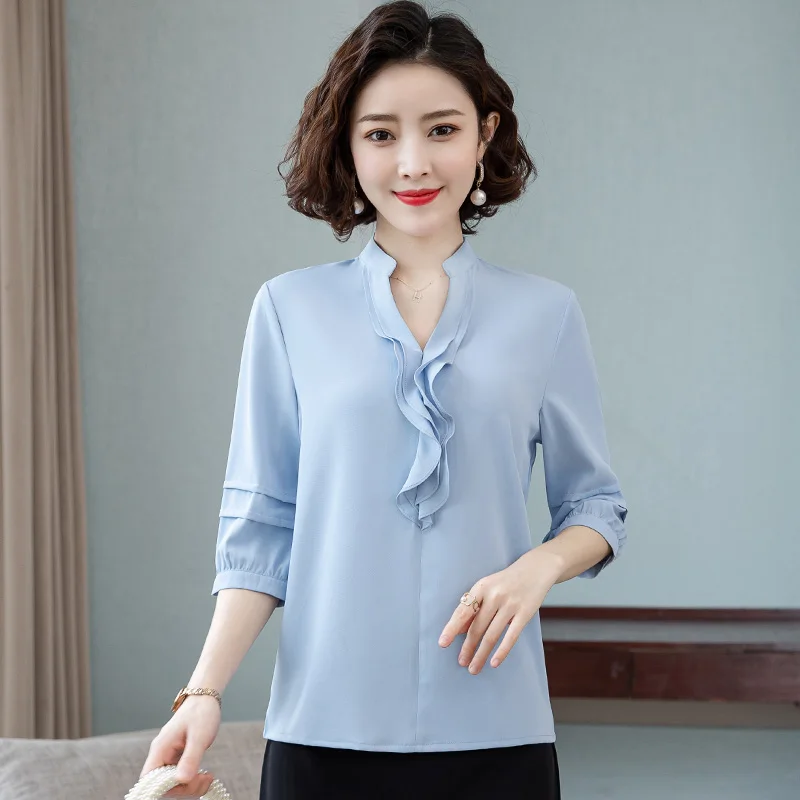 New Women'S Summer Style Slimming And Fashion 7-Point Sleeve Chiffon Shirt Mom'S Trendy Versatile Loose Ruffled V-Neck Top