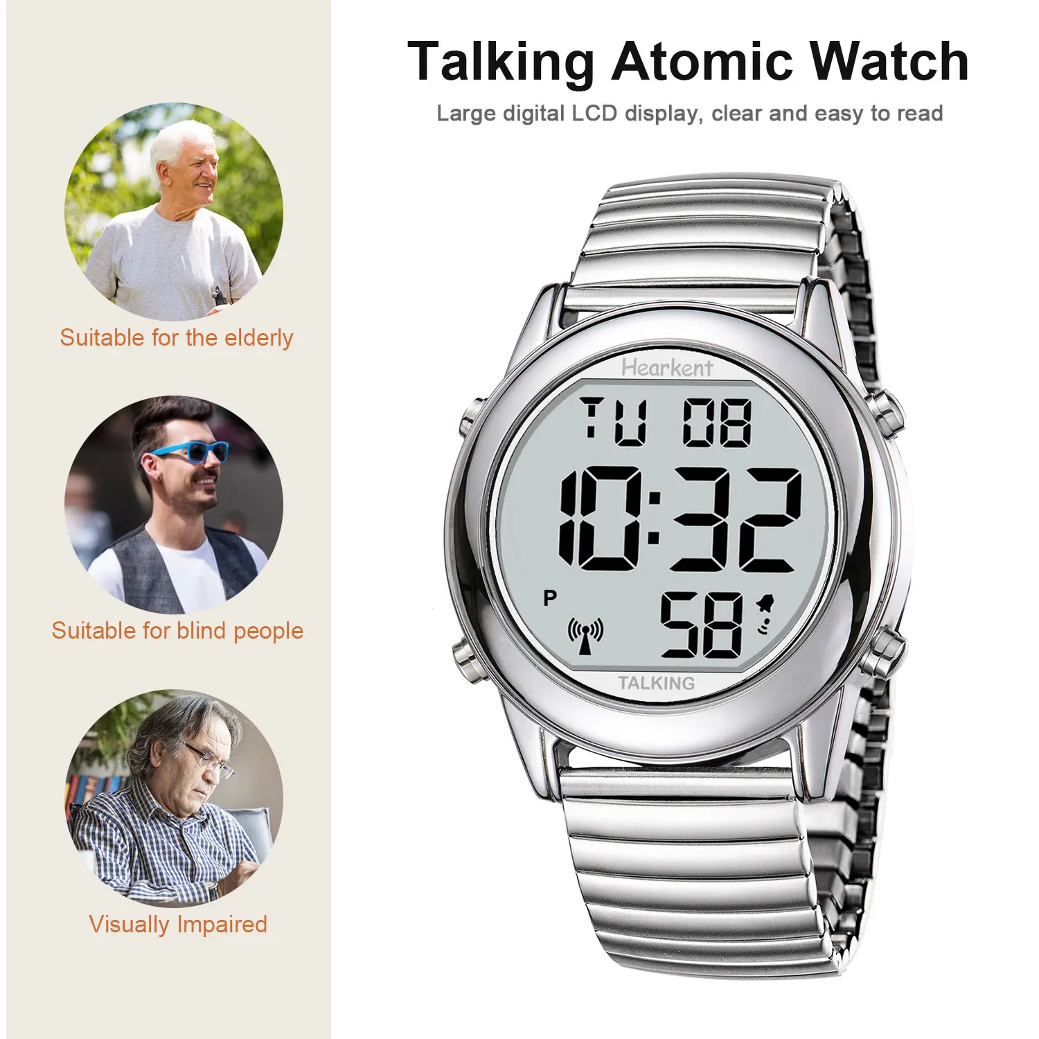 Hearkent Man's Watch for Blind Atomic Talking Watch German/English Radio Controlled Elderly Clock Watch with Alarm Wrist Watches