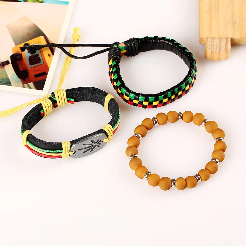 New fashion Jamaica set red yellow green woven cowhide bracelet DIY leather jewelry hiphop hip Hop hiphop dance