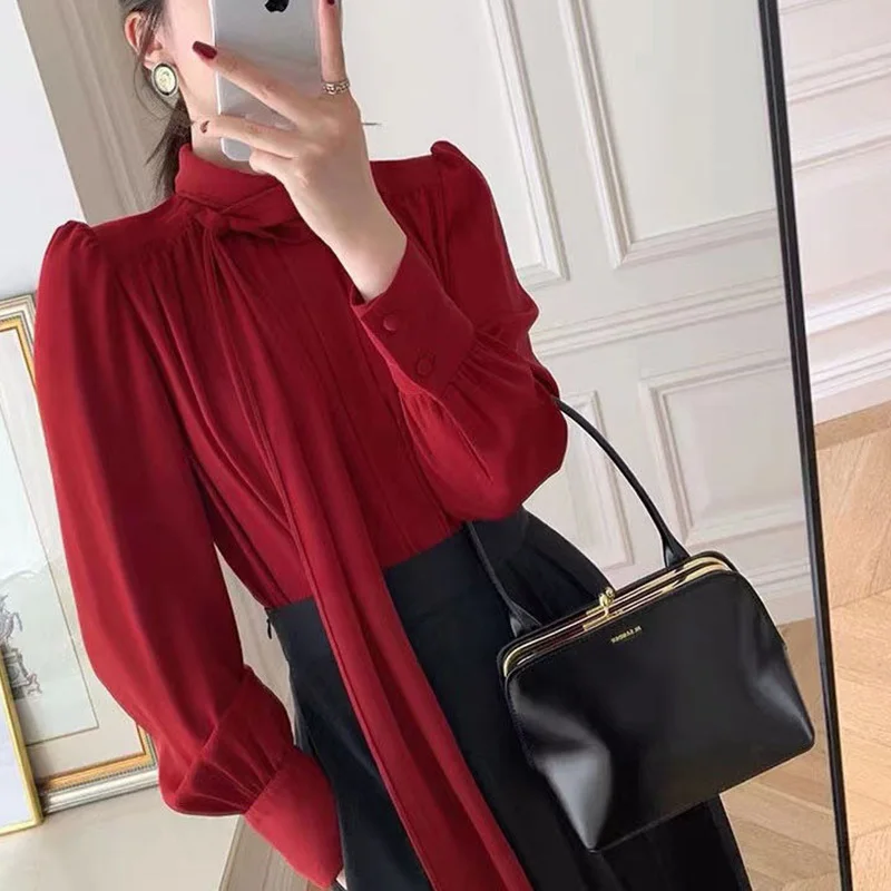 Ladies Fashion Lacing Solid Color Turtleneck Long Sleeve Blouse Autumn 2024 New Simplicity Temperament Pleated Bow Women Shirts